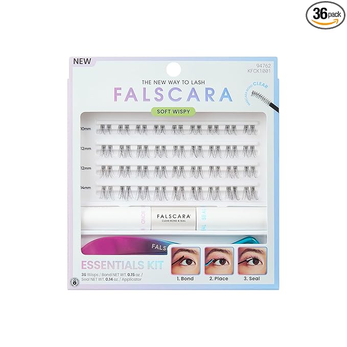 Falscara Essentials Kit, False Eyelashes, Lash Clusters, Soft Wispy, 10mm-14mm, Includes Bond & Seal, Precision Applicator & 36 Clusters