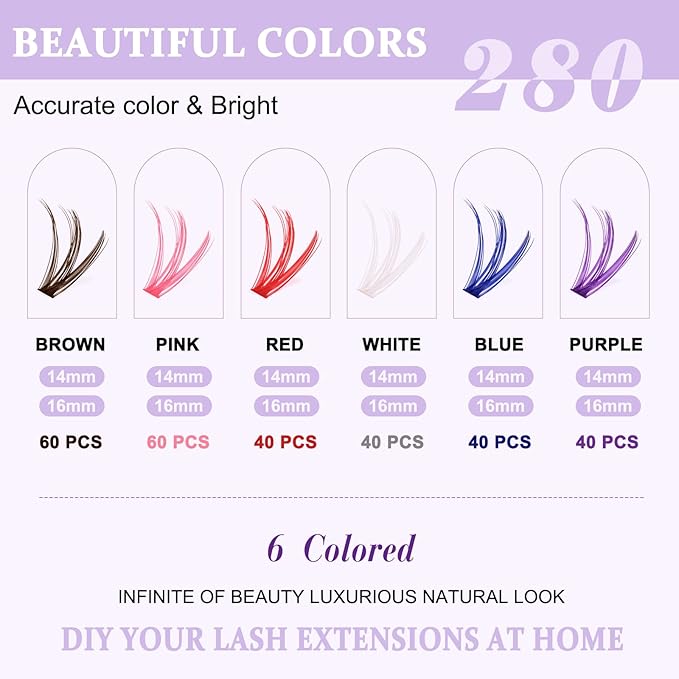 B&Q 280PCS Colored & Rainbow False Eyelashes, 6 Vibrant Colors Lash Clusters Refill Pack in 14mm & 16mm, DIY Volume Lashes for Party, Stage, Cosplay, Festival Makeup