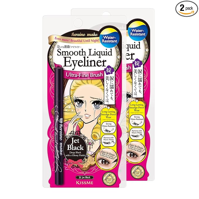 Heroine Make by KISSME Cat Eye Liner for Long Lasting Wear, SMOOTH Liquid Eyeliner Pen with Ultra-Fine 0.1mm Tip, Waterproof Eyeliner for Sensitive Skin, Made in Japan, Jet Black, 2EA