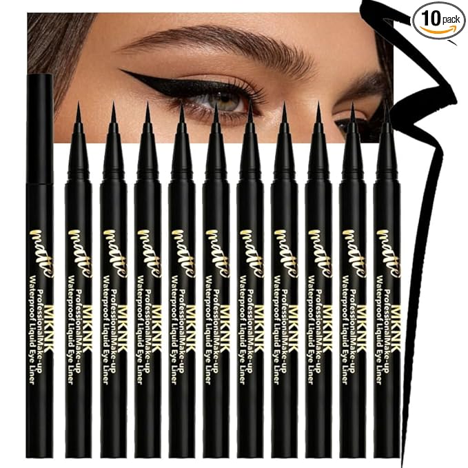 10 Pcs Matte Black Liquid Eyeliner Set Pack, Long Lasting Eye Liner Pens, Waterproof Smudge-Proof High Precision Fine Tip for Winged Liner & Bold Eye Makeup (liquid-matte-black-10 PCS)