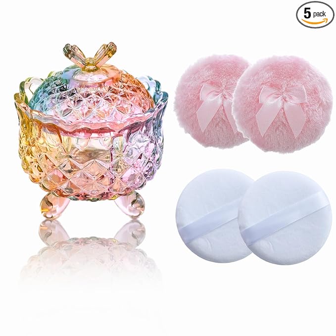 5 Pieces Large Body Powder Puff and Powder Container, Crystal Case for Dust Puff, Powder applicator with Box for Face and Body (Color, Butterfly)