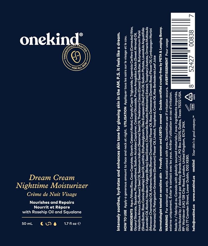 Onekind Night Moisturizer for Face, Hydrating Dream Cream for Wrinkles, Night Cream for Women Anti Aging with Squalane, Rosehip & Shea Butter for Dry & Sensitive Skin – 1.7 oz