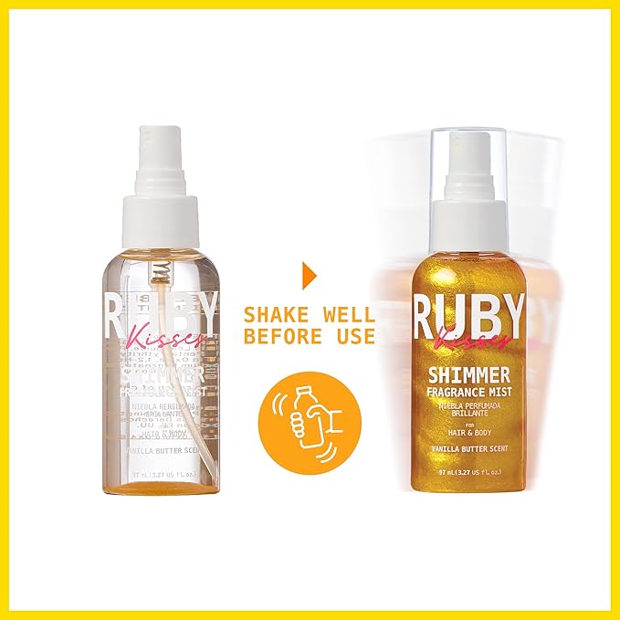 Ruby Kisses Shimmer Fragrance Body and Hair Mist Spray, Vanilla Glitter Body Perfume Spray, Skin Perfume, Liquid Illuminator Highlighter for Skin (GOLD)