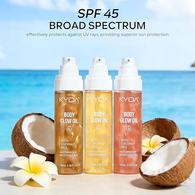 KYDA Travel Size Sunscreen, SPF 45 Body Glow Oil with Sequin Mica, Lightweight Moisturizing Coconuts Sunscreen SPF Glow Oil, Sun-kissed Shimmer Body Lotion, Water Resistant, 3.38 fl oz, GOLD