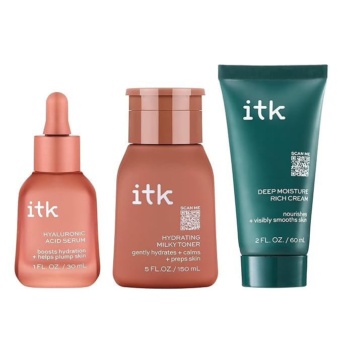 ITK Skincare Glowy Skin 3-Step Routine - Hyaluronic Acid + Niacinamide Serum, Squalane Milky Toner, Deep Moisture Ceramide Face Cream Moisturizer - Makeup Prep Skincare for Glowing Hydrated Skin