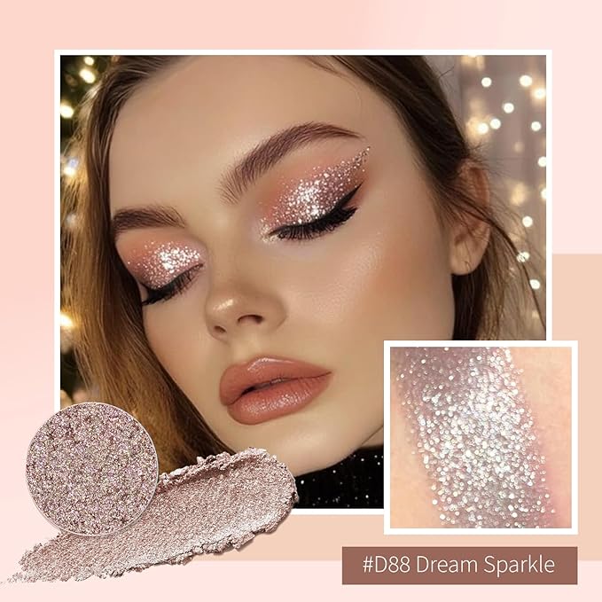Refillable Eyeshadow Palette - Matte/Glitter/Duo-Chrome Pressed Powder & Cream Formula, Neutral/Shimmer/Smokey Multichrome, Travel-Friendly Iron Pan Refills (Glitter, D88)