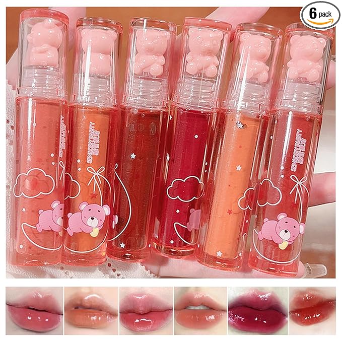 Yasovigi 6pcs Jelly Lip Gloss Bear Lip Stain Moisturizing Watery Lipstick Waterproof Long Lasting Cheek Cosmetics Beauty Lip Tint Makeup