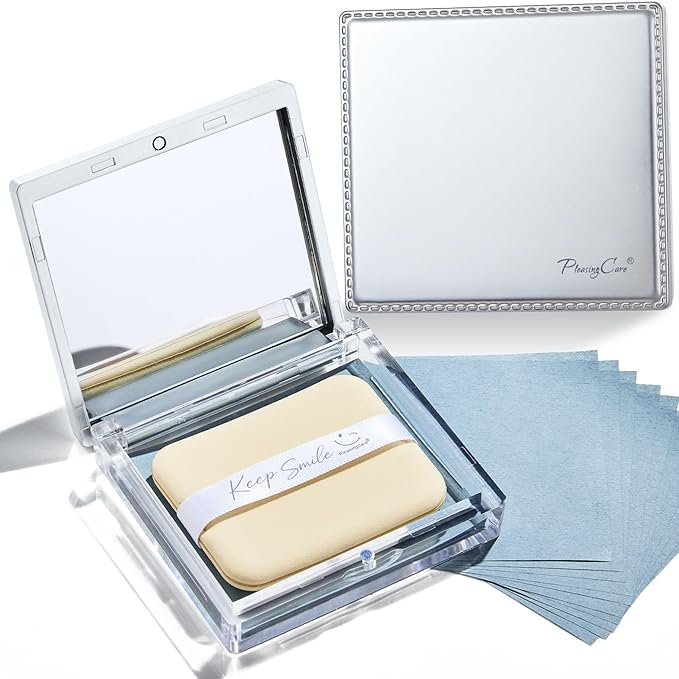 Blotting Papers for Face with Mirror and Puff, 100 Count Bamboo Charcoal Oil Blotting Sheets for Oily Skin, Portable Compact for Purse, Travel, and On-the-Go Touch-Ups