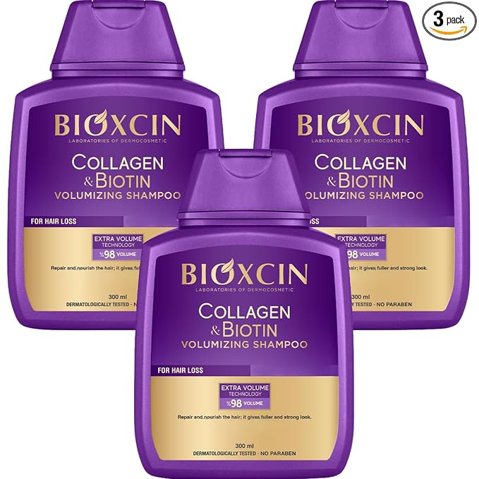 BIOXCIN Collagen Biotin Shampoo Anti-Hair Loss for All Hair Types Volumizing Herbal Formula 3-Pack 300 ML