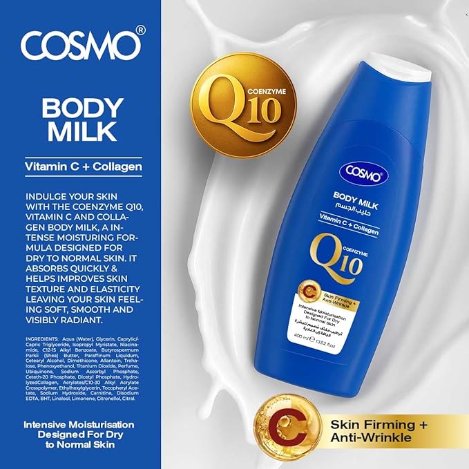 Cosmo Skin Care Coenzyme Q10 Vitamin C + Collagen Body Milk, 400 ml - 13.52 fl.oz, Moisturize Body Lotion, Hydrating, Nourishing, Anti Wrinkle, Fast Absorbing, Lightweight, Non Greasy, All Skin Types