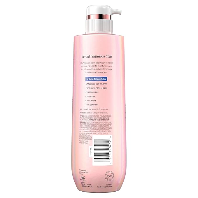 Olay Super Serum Body Wash for Rough & Bumpy Skin, 24hr Long Lasting Rich Hydration, 5+ Ingredient Complex for Bright, Even, Firm, & Luminous Skin, with Collagen Peptide, BHA/AHA & Vitamin C, 20 fl oz