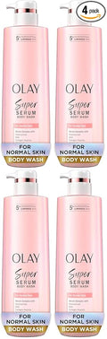 Olay Super Serum Body Wash for Normal Skin, 24hr Long Lasting Hydration, 5+ Ingredient Serum Complex for Bright Even Firm Luminous Skin, 18.5 fl oz (Pack of 4)