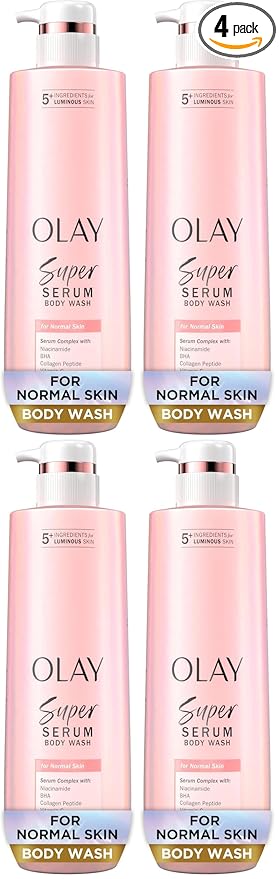 Olay Super Serum Body Wash for Normal Skin, 24hr Long Lasting Hydration, 5+ Ingredient Serum Complex for Bright Even Firm Luminous Skin, 18.5 fl oz (Pack of 4)