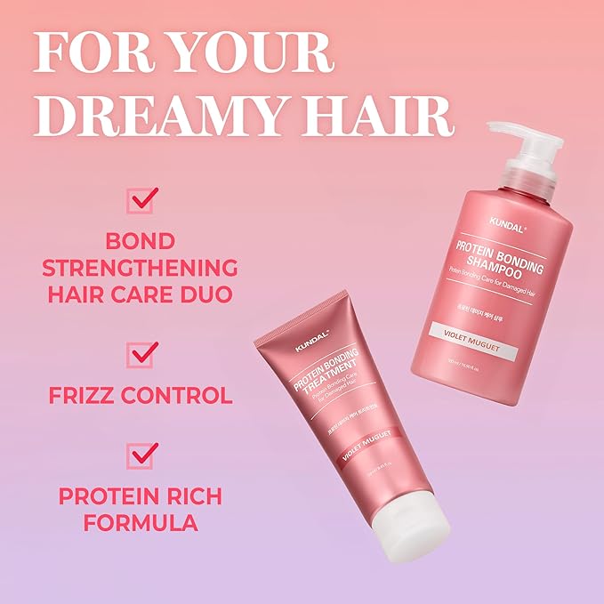 KUNDAL Protein Bonding Shampoo and Conditioner Set Korean Hair Care, Damage Repair, Frizz Control, Heat Protection, 16.9fl oz (VIOLET MUGUETN SET)