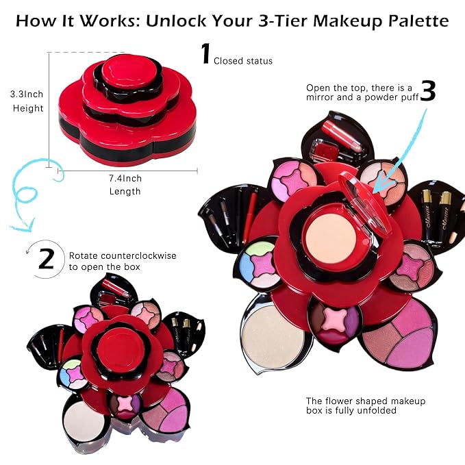 Makeup Kit for Teens, All in One 3 Tier Flower Makeup Kit for Girls 10-12, Complete with Eyeshadow Palette, Lip Gloss, Blush, Concealer,Ideal Starter Makeup Set Gift for Teens, Women & Beginners