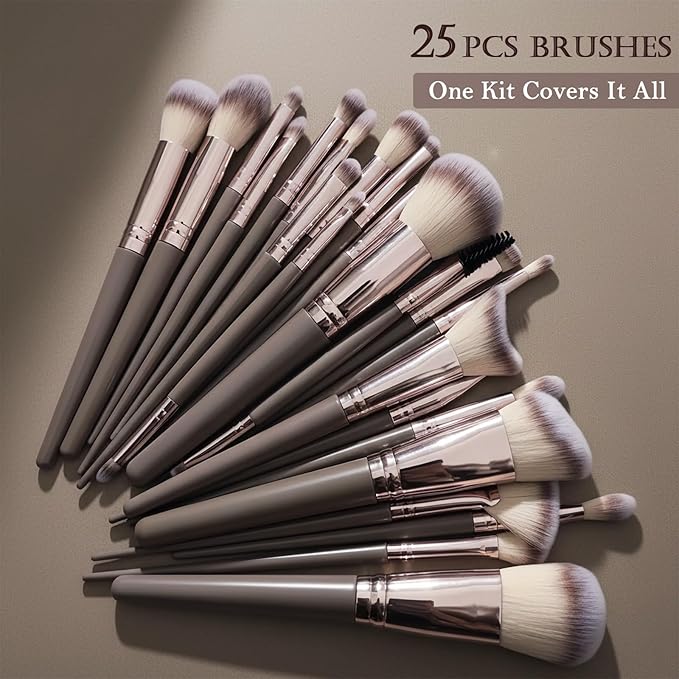 32Pcs Makeup Brushes Set Professional Makeup Kit – Foundation Powder Concealers Blush Eye shadows 25 Pcs Brushes with 4 Makeup Sponge & 3 Powder Puff (Brown)