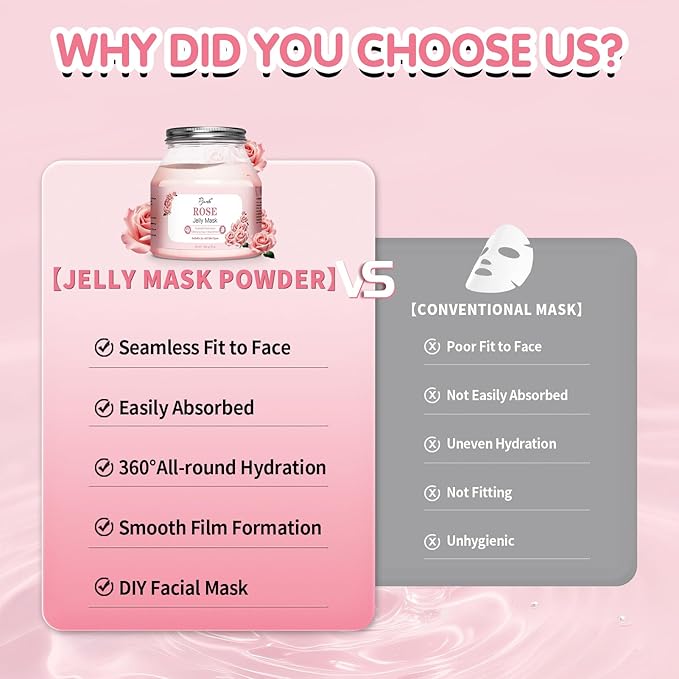Pjordo Jelly Masks for Facials Professional, Bulgarian Rose Hydrating & Moisturizing Jelly Mask Powder with Mixing Bowl Set, Peel-Off Hydrojelly Face Mask Skincare, Spa Use for All Skin