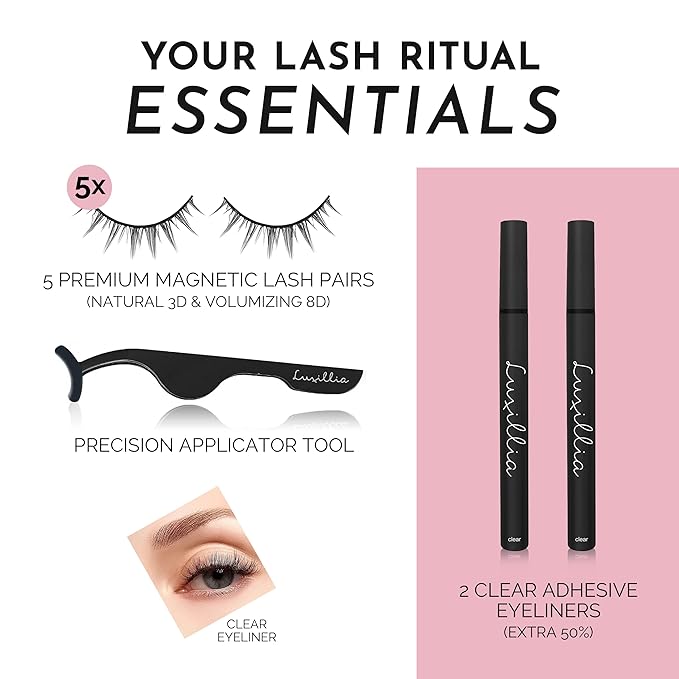 Luxillia SMARTLASH Self Adhesive Lash Clusters Kit - 5 Pairs Press On Lashes with 2 Clear Adhesive Eyeliners & Tweezers, No Glue Needed Eyelashes for Beginners - Waterproof DIY Lash Extension Kit