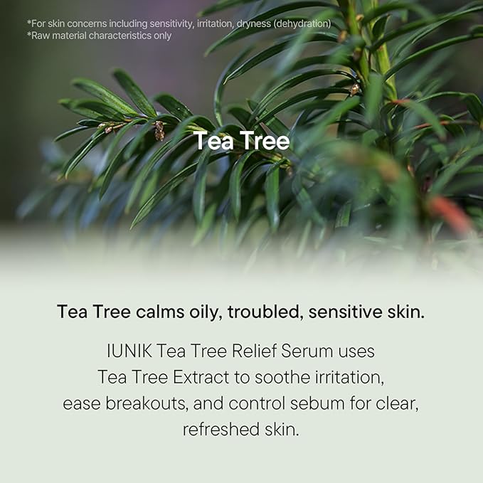 IUNIK Tea Tree Relief Serum – Tea Tree & Centella Asiatica Lightweight Vegan Ampoule for Soothing, Calming & Oil Balance, Korean Skincare for Acne-Prone Skin, 50ml / 1.69 fl oz