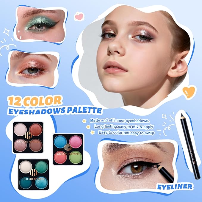 Color Nymph Girls Makeup Kit For Teens & Girls | All In One Makeup Set with Lockable Storage Box, Built-in Mirror, Eyeshadow, Blush, Contour, Highlighter, Lipgloss, Lipliner, Eyeliner, Lip Balm