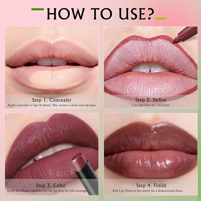 Lip Kit - Creamy Lip Liner Pencil Matte Lipstick Nude Lip Gloss Nourishing Lip Combo Sets for Women, High Pigment Moisturizing Lightweight Long Wear Lip Liner and Gloss Set for Daily/Party