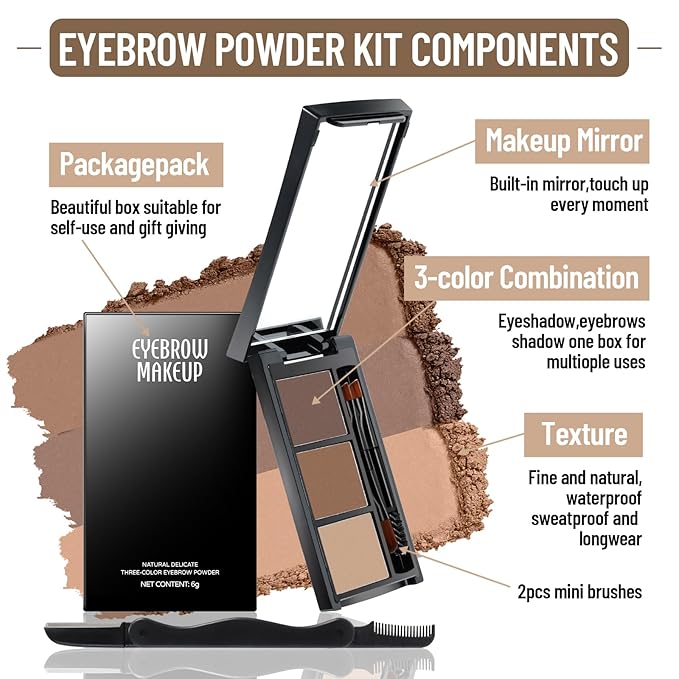HOSAILY 3 Colors Eyebrow Powder Professional Makeup Kit, Waterproof Long Lasting Brow Contour Palette with Mini Brow Brush&Razor Set, Light&Medium&Dark Brown Brow Filler Sculpt Brow Powder for Women