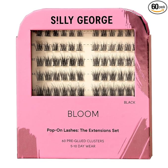 Silly George Pop-On Lashes - DIY 1-Step Pre-Glued Faux Eyelash Clusters, Natural Look Extensions, Black - Bloom, 5-7 Pair Set, Pack of 60 Clusters