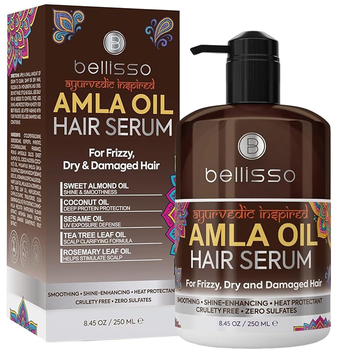 BELLISSO Amla Oil Serum - Sulfate and Paraben Free - Anti Frizz, Heat Protection for Damaged Hair - Professional Salon Grade Deep Conditioning - Smoothing Treatment for Women and Men - 8.45 Fl Oz