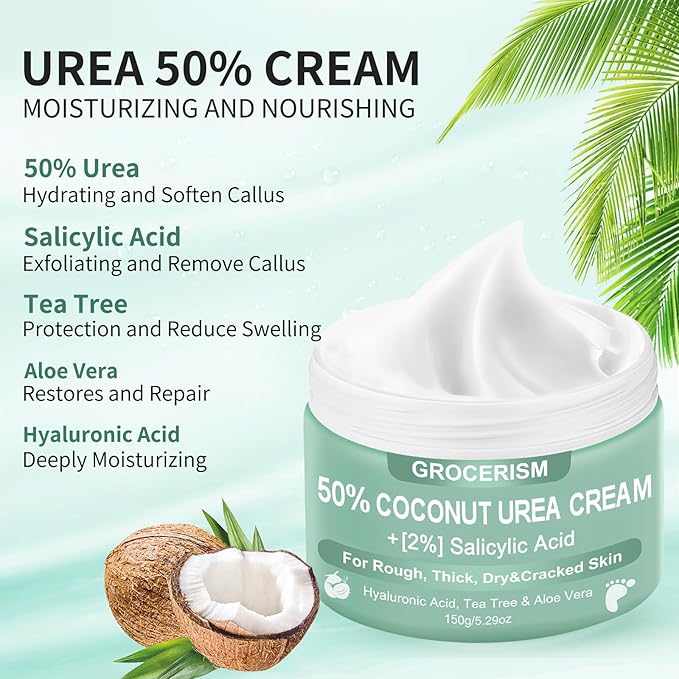 Urea Cream 50 Percent for Feet with Coconut 5.29 oz || Foot & Hand Cream Maximum Strength with 2% Salicylic Acid, Tea Tree and Aloe Vera for Deep Moisturizing and Callus Removing (Classic Formula)