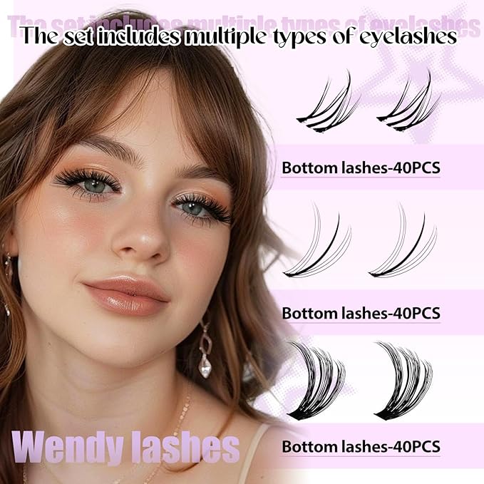 WENDY LASHES Clusters Kit With Bottom Lashes 40D+50D+60D+80D+80D+100D 1440Pcs Wispy Eyelash Clusters 10-18mm Natural DIY Lash Extension Kit D Curl for Beginners