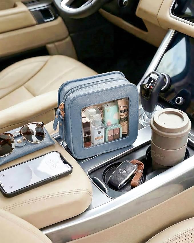 LETGO Clear Makeup Bag Small, Mini Travel Toiletry Bag Cosmetic Bags Organizer, TSA Approved Makeup Case Pouch with Zipper, Car Essentials for Women Men (Square, Blue)