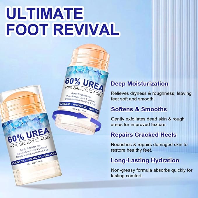 60% Urea with 2% Salicylic Acid Urea Foot Care Stick, Foot Cream Moisturizer for Dry Cracked Feet, Knees, Elbows, Hands,Moisturizes and Hydrates the Dry Skin,Callus Remover & Skin Softener -1.41oz
