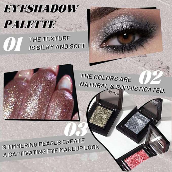 WanTuoluo Sparkly Eyeshadow Palette for Women, Single Monochrome Eye Shadow Makeup, Shiny Pressed Cream Powder, Blendable Natural sombras para ojos, Holographic,Vegan,Travel (05-Glitter-Ink Black)