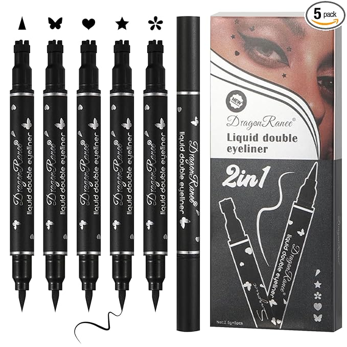 5PCS Black Liquid Eyeliner Stamps Set,Double-side Winged Eyeliner Stencil Pen,Waterproof Long Lasting Eye Liners Stamp Eyeliner Pencil Tattoo Makeup Tools with Heart,Flower,Star,Butterfly,Cone Shapes