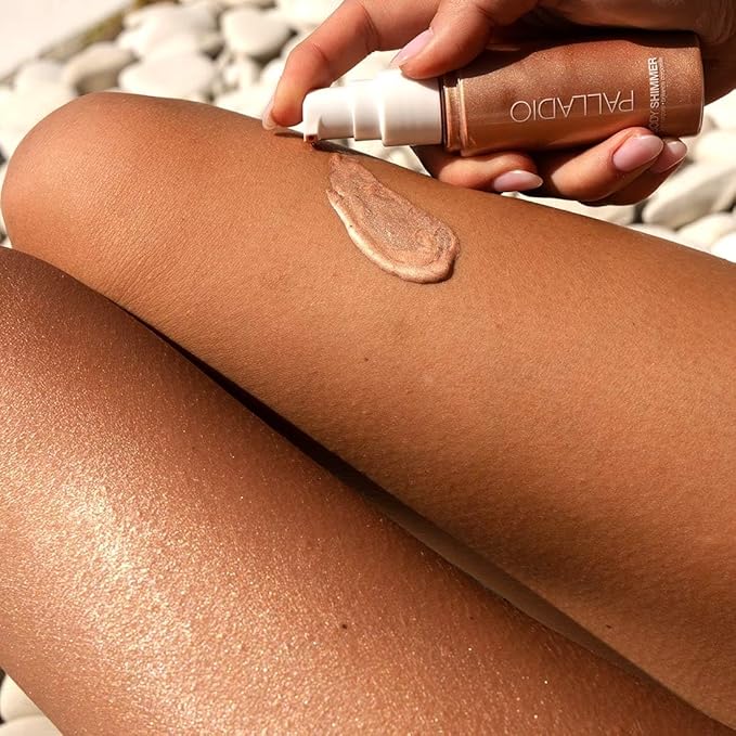 Palladio Body Shimmer Gel, Lightweight Water-Based Body Glow with Aloe, Hyaluronic Acid, Vitamin E & Panthenol, Buildable Radiant Shimmer, Vegan, Gluten-Free, Cruelty-Free (Golden Beach)