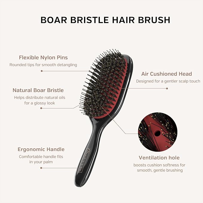 Boar Bristle Hair Brush, Nylon Pins and Soft Boar Bristles for Smoothing, Detangling, Reducing Breakage and Enhancing Shine, Hairbrush for Women,Men