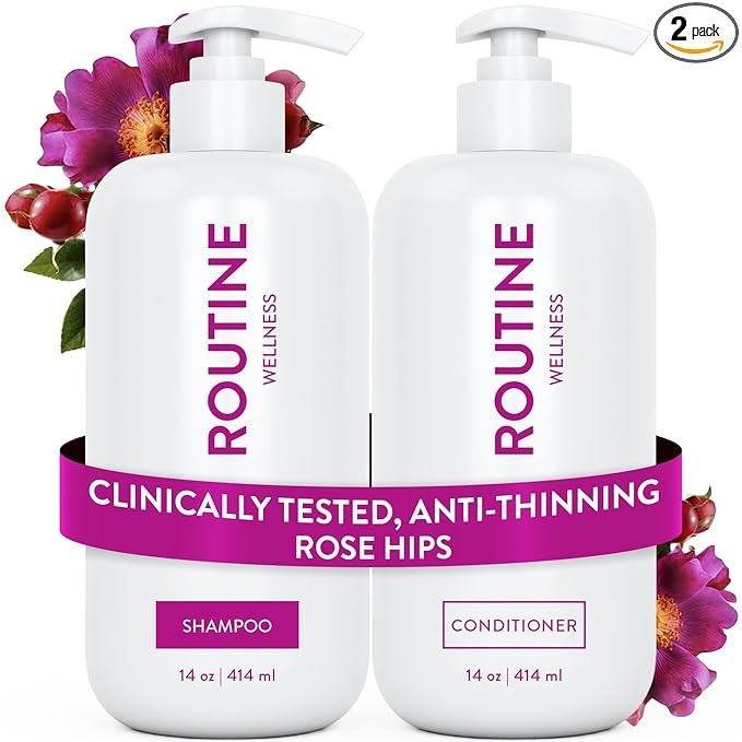 Routine Wellness Anti-Thinning Shampoo and Conditioner Set for Thinning Hair - Biotin DHT Blocker Women & Men - Color Safe Shampoo for Hair Loss & Healthier Hair - Rose Hips Set