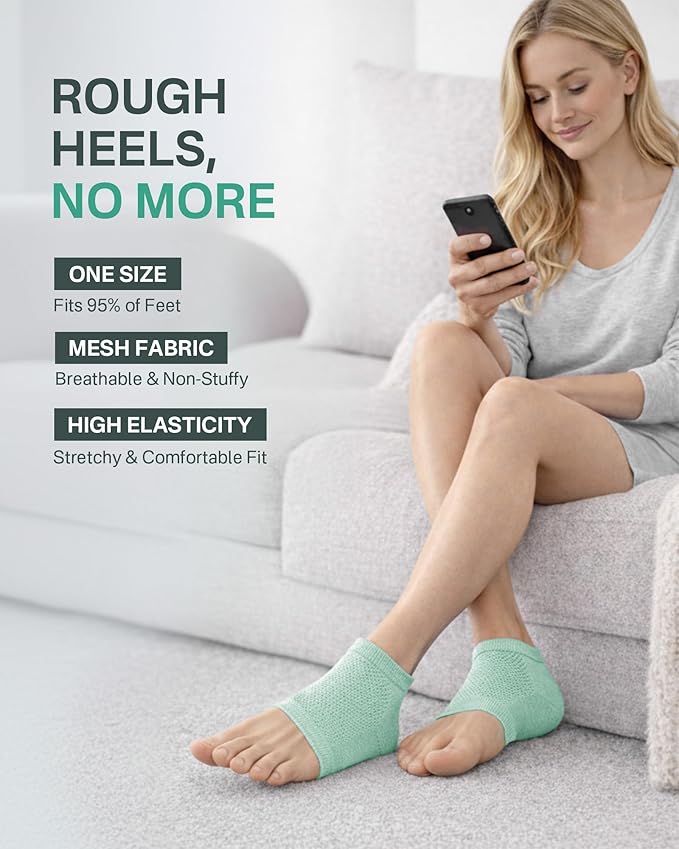 Moisturizing Socks, 100% Cotton Heel Socks for Dry Cracked Feet Women, Cracked Heel Treatment Silicone Heel Socks, Breathable Hydrating Gel Heel Protectors for Repair, Spa & Daily Use, 2 Pairs Green