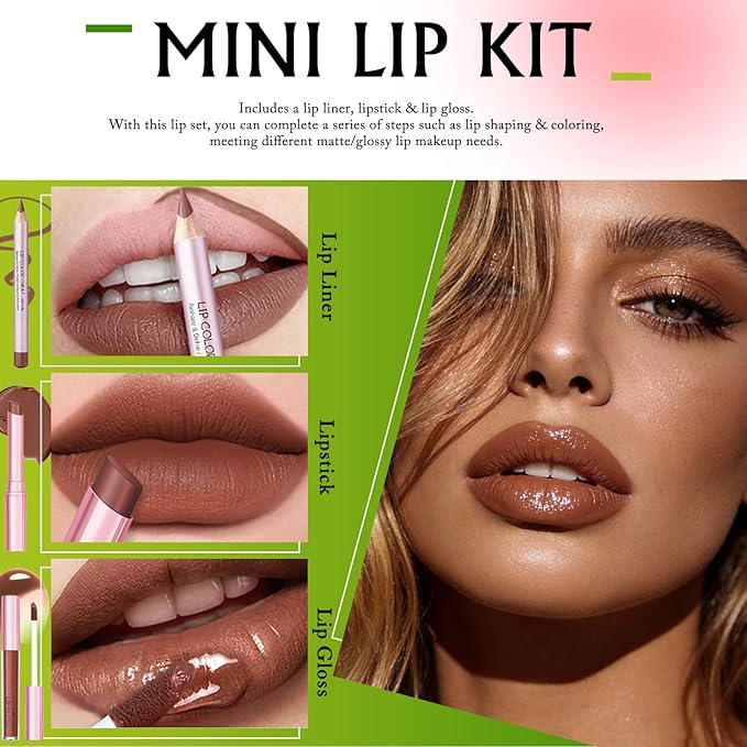 Nude Brown Lip Liner and Lipstick Lip Gloss Set, Hydrating Lip Kit Smooth Buildable Matte Lipstick High Pigment Plumping Lip Liner and Gloss, Long Lasting Lip Contour for Women Daily Makeup