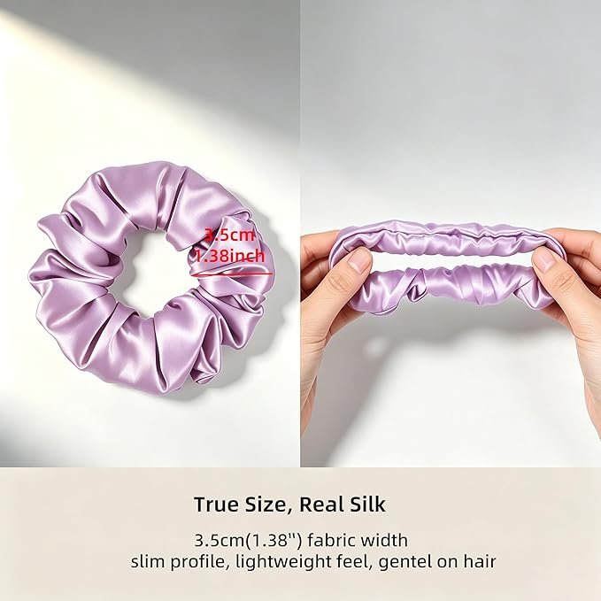 ZLYC 100% Mulberry Silk Scrunchie 19 Momme Gentle Creaseless Hair Tie for Women Dent-Free Ponytail Holder, 3.5cm Solid Light Purple