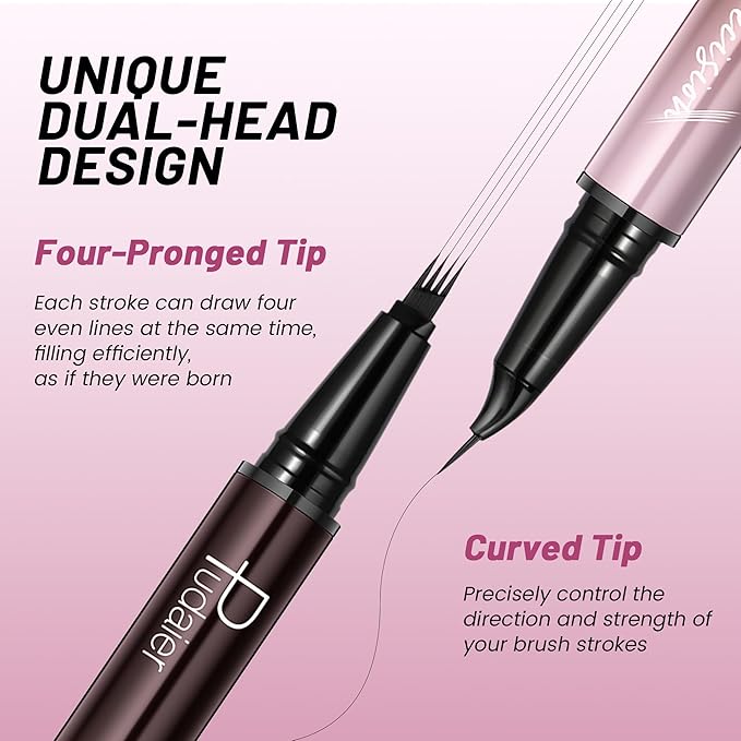 2 Pack Eyebrow Pen, Waterproof Microblading Eyebrow Pencil, 2-in-1 4 Tip Eye Brow Makeup Pen for Women with Precise Curved Brush-Tip Create Natural Hair-Like Brows, Last All-Day (Dark Brown)