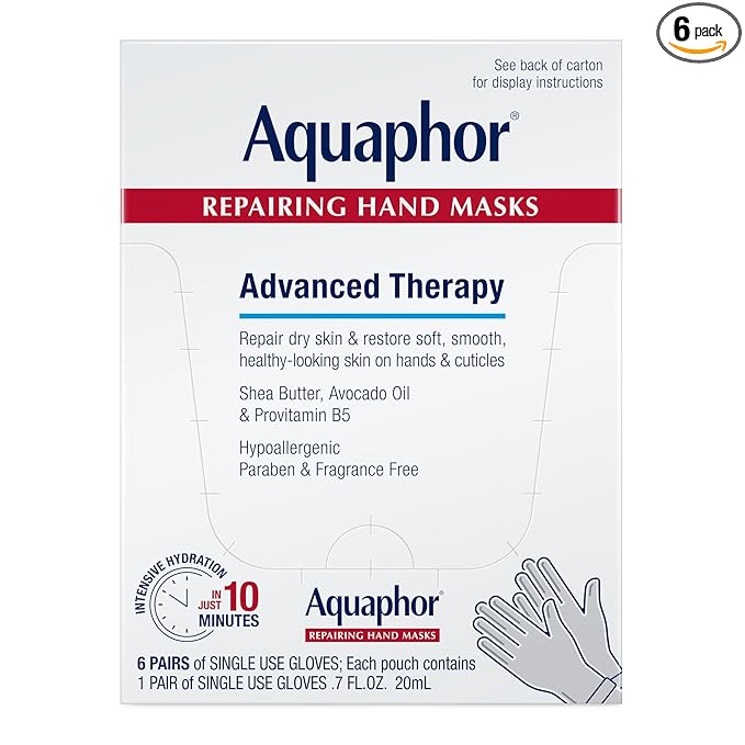 Aquaphor Repairing Hand Masks, Moisturizing Gloves for Dry Hands, Moisturizer for Dry Skin with Avocado Oil and Shea Butter, Pack of 6