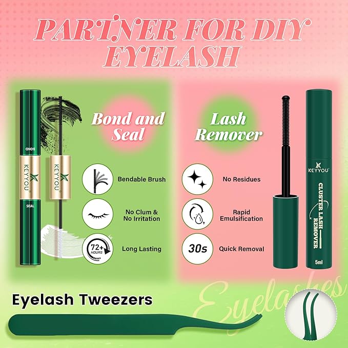 KEYYOU Venus Brown Lash Clusters Kit Fairy Lash Extension Kit C Curl 120Pcs Eyelash Extension Wispy Natural Invisible Band Lash with Waterproof DIY Lash Extension Kit at Home(Venus Brown-C-8-16MIX)