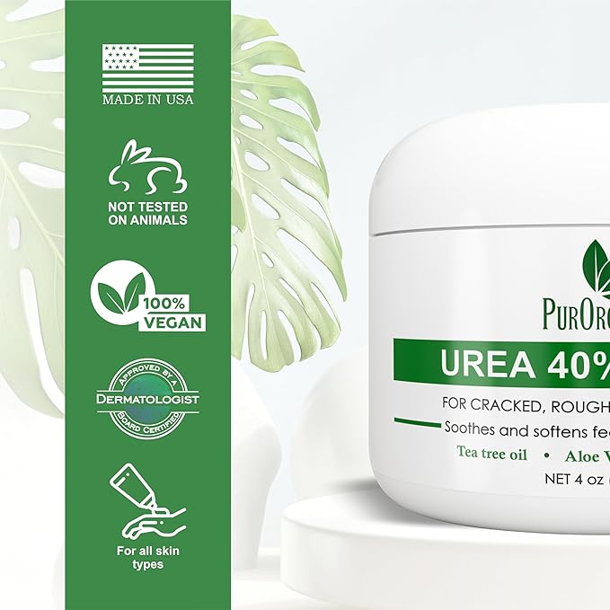 PurOrganica Urea Cream 40% – Made in USA, Maximum Strength Foot Cream for Dry, Cracked Heels, Corns, Calluses & Rough Feet, Exfoliating Moisturizer