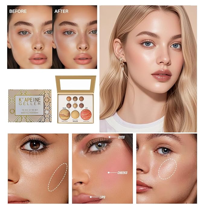 K'APEINE All in One Baked Makeup Palette, Dark Brown Eyeshadow, Blush Highlighter & Bronzer Face Kit Neutral Baked Powder Hign Pigment Full Face Makeup Set with Matte Shimmer Finish for Women-02#