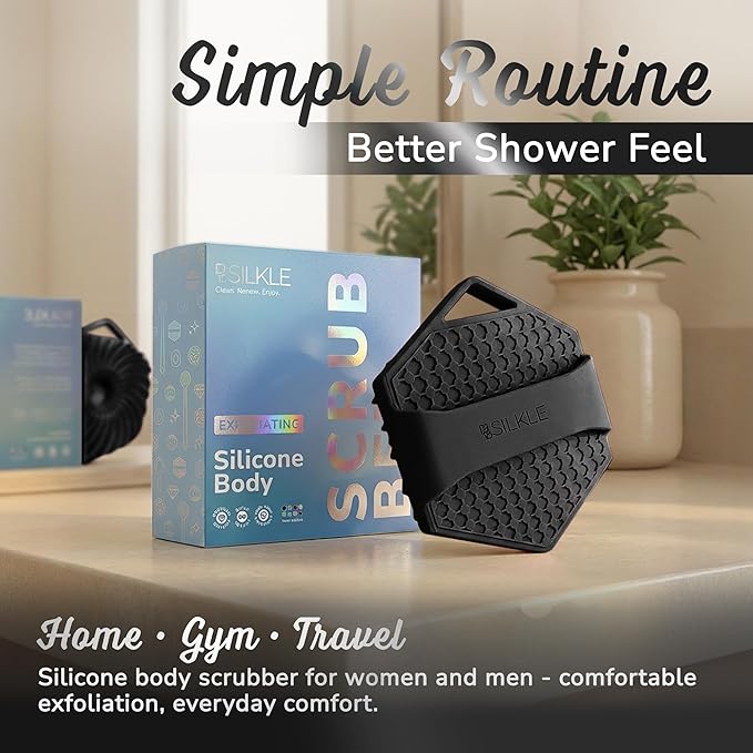 SILKLE Silicone Body Scrubber – Gentle Exfoliating Shower Scrubber for Body & Bath, Silicone Shower Brush & Loofah Alternative – Non-Slip Silicone Body Brush, Quick Dry, Hygienic - Black
