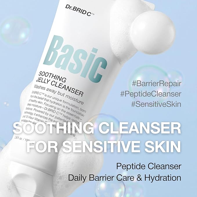 Dr.BRID C Soothing Jelly Cleanser - Amino Acid Face Wash with Peptides & Protease, Low-pH Pore Purifying & Texture Smoothing Facial Cleanser for Sensitive Skin, Fragrance-Free, 3.38 fl.oz.