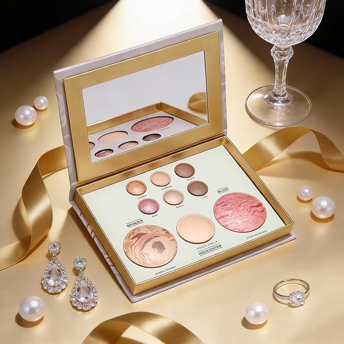 All in One Baked Makeup Face Palette, Includes 6 Eyeshadows, Bronzer, Blush, and Highlighter, Blush and Bronzer Palette, Shimmer & Matte Shades, Long-Lasting Pigmented Powder, Full Size Makeup Set