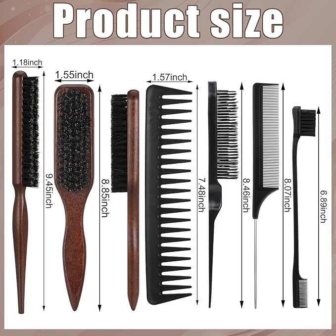 6 Pcs Boar Bristle Slick Back Hair Brush with Edge Brush Rat Tail Comb and Wide Tooth Comb, Hair Styling Comb for Men Women