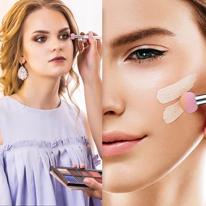 Sibba 4-Piece Foundation Brush Set Pink & White Handle Makeup Brushes for Powder, Blush, Contour & Concealer - Includes Sponge, Angled Blending Brushes for Professional Beauty Techniques